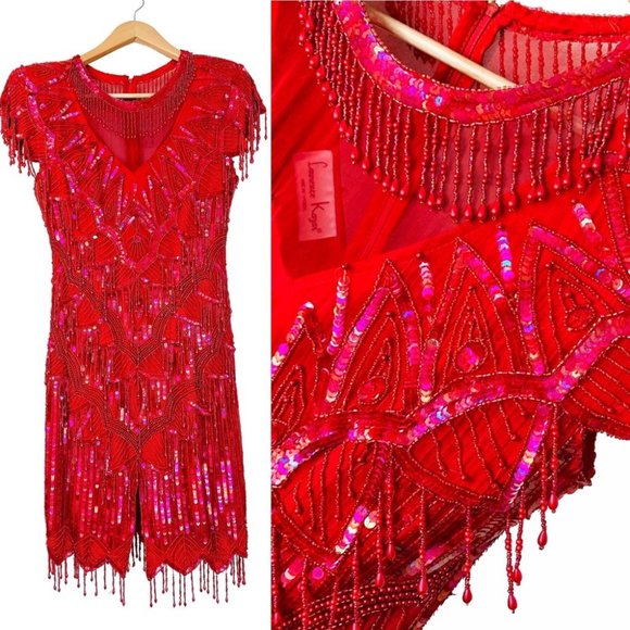 VTG 100% Silk 80s Fringed Beadwork Flapper Dress S - Picture 3 of 15